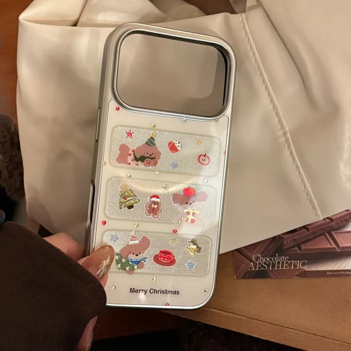 Korean Christmas Style Cartoon Puppy Silver Edge Plating Phone Case For iPhone PhoneShells