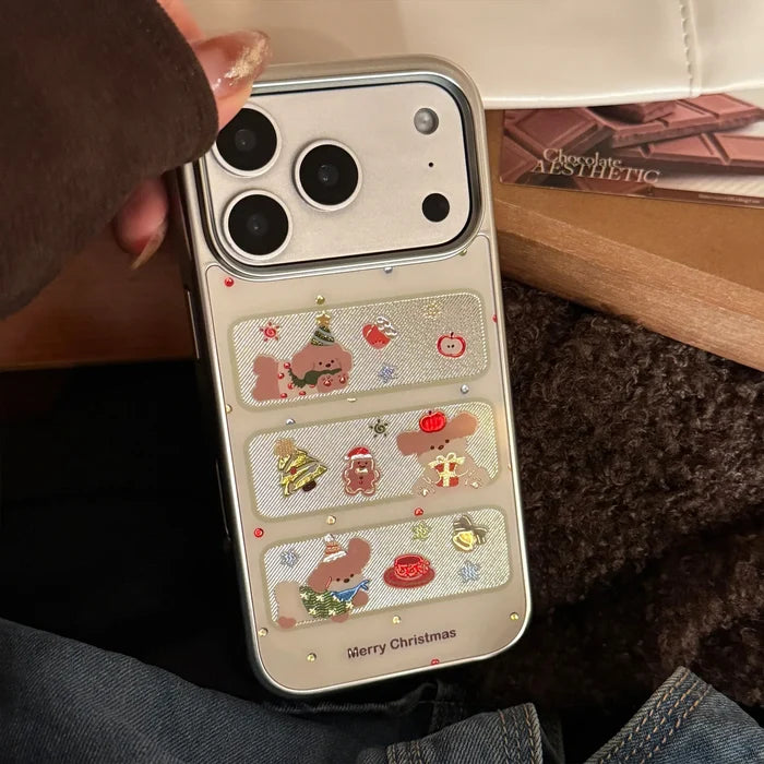 Korean Christmas Style Cartoon Puppy Silver Edge Plating Phone Case For iPhone PhoneShells