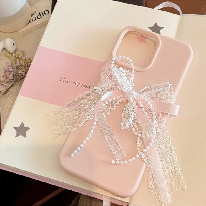 Korean Cute 3D Pearl Lace Silk Ribbon Bow Phone Case For iPhone PhoneShells