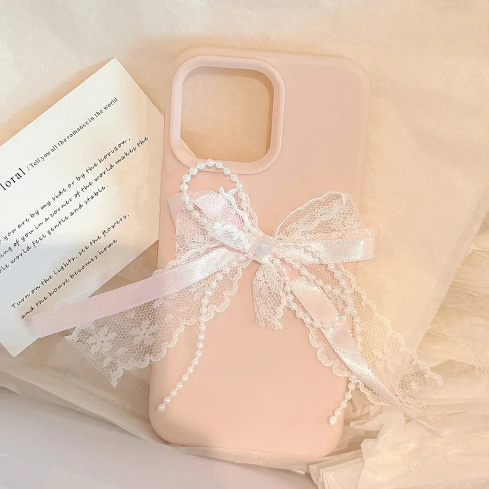 Korean Cute 3D Pearl Lace Silk Ribbon Bow Phone Case For iPhone PhoneShells