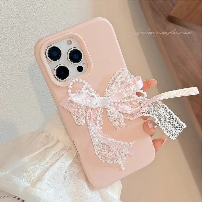Korean Cute 3D Pearl Lace Silk Ribbon Bow Phone Case For iPhone PhoneShells