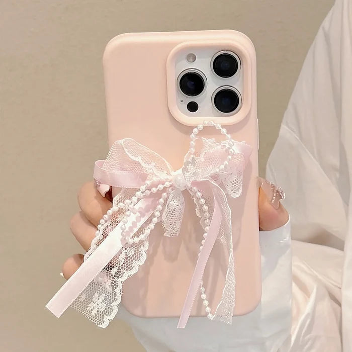 Korean Cute 3D Pearl Lace Silk Ribbon Bow Phone Case For iPhone PhoneShells
