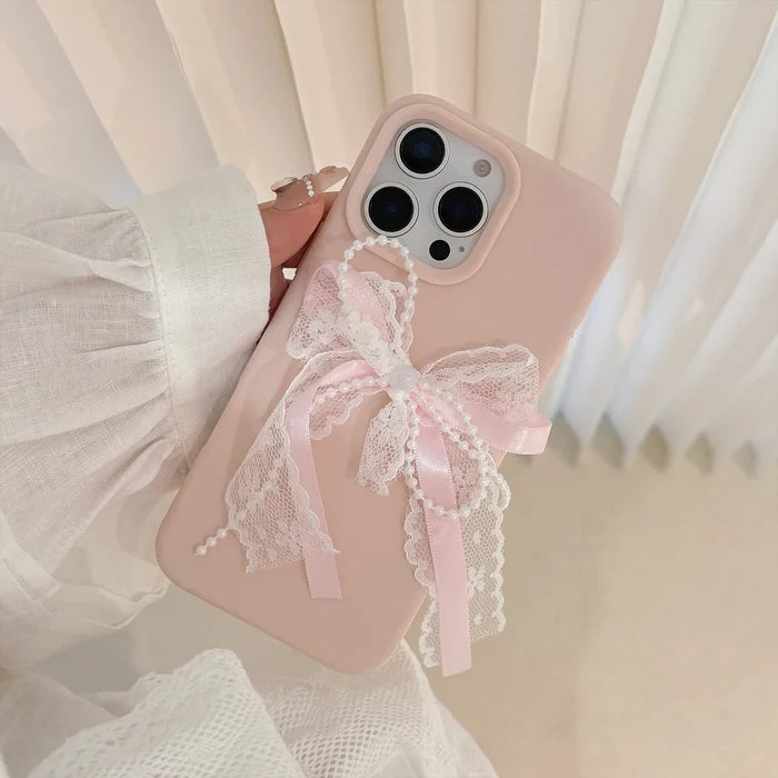 Korean Cute 3D Pearl Lace Silk Ribbon Bow Phone Case For iPhone PhoneShells