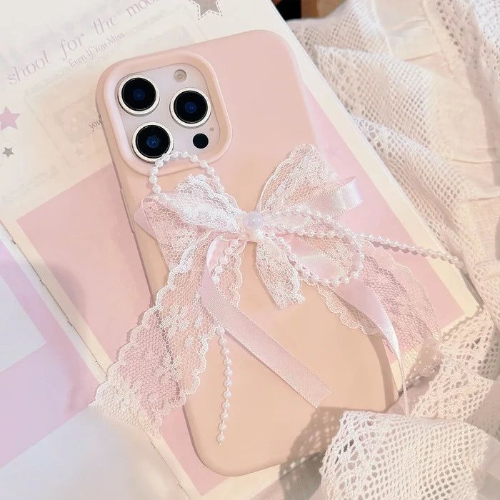Korean Cute 3D Pearl Lace Silk Ribbon Bow Phone Case For iPhone PhoneShells