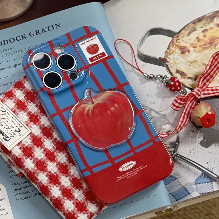 Korean Cute 3D Red Apple Lattice Phone Case With Chain For iPhone PhoneShells