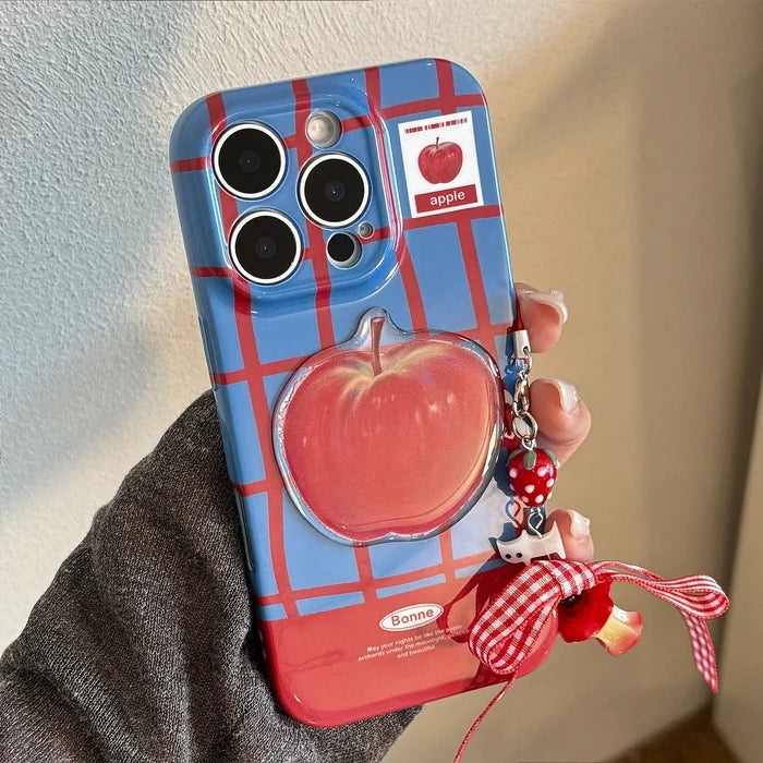 Korean Cute 3D Red Apple Lattice Phone Case With Chain For iPhone PhoneShells