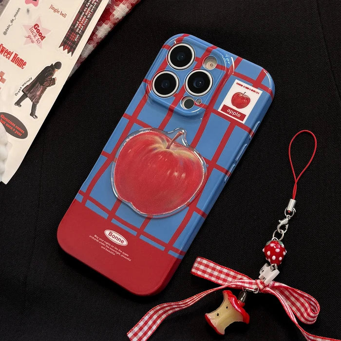 Korean Cute 3D Red Apple Lattice Phone Case With Chain For iPhone PhoneShells