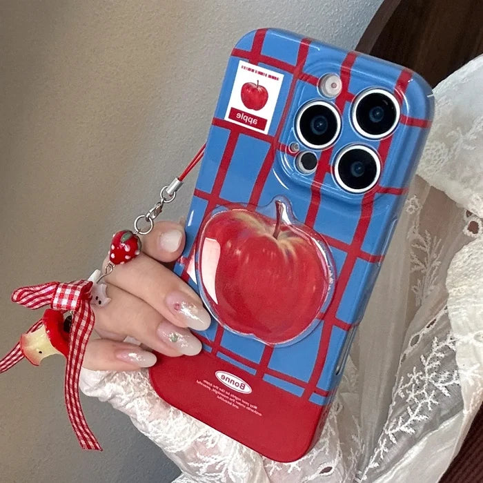 Korean Cute 3D Red Apple Lattice Phone Case With Chain For iPhone PhoneShells