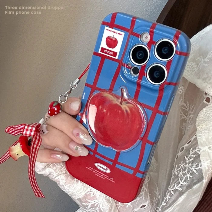 Korean Cute 3D Red Apple Lattice Phone Case With Chain For iPhone PhoneShells