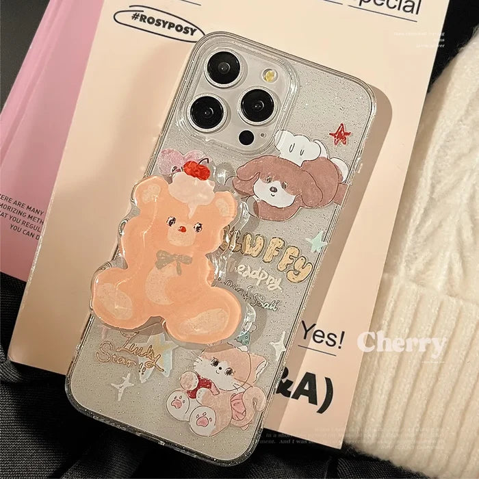 Korean Cute Cartoon Animals Bear Bracket Phone Case For iPhone PhoneShells