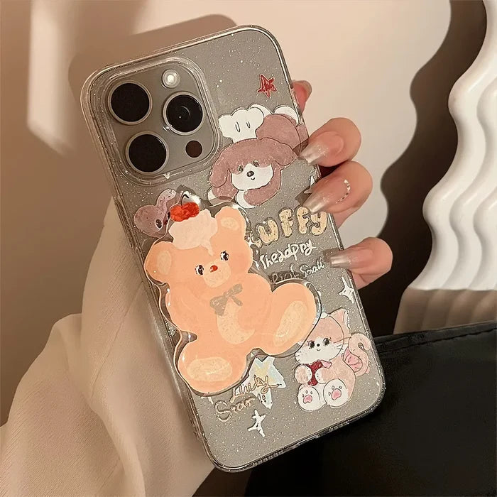 Korean Cute Cartoon Animals Bear Bracket Phone Case For iPhone PhoneShells
