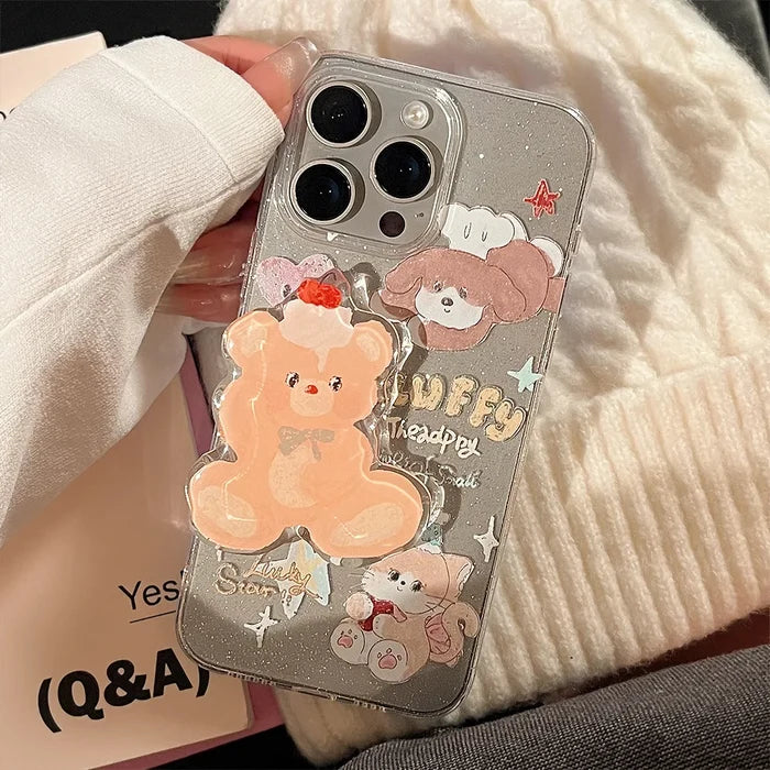 Korean Cute Cartoon Animals Bear Bracket Phone Case For iPhone PhoneShells