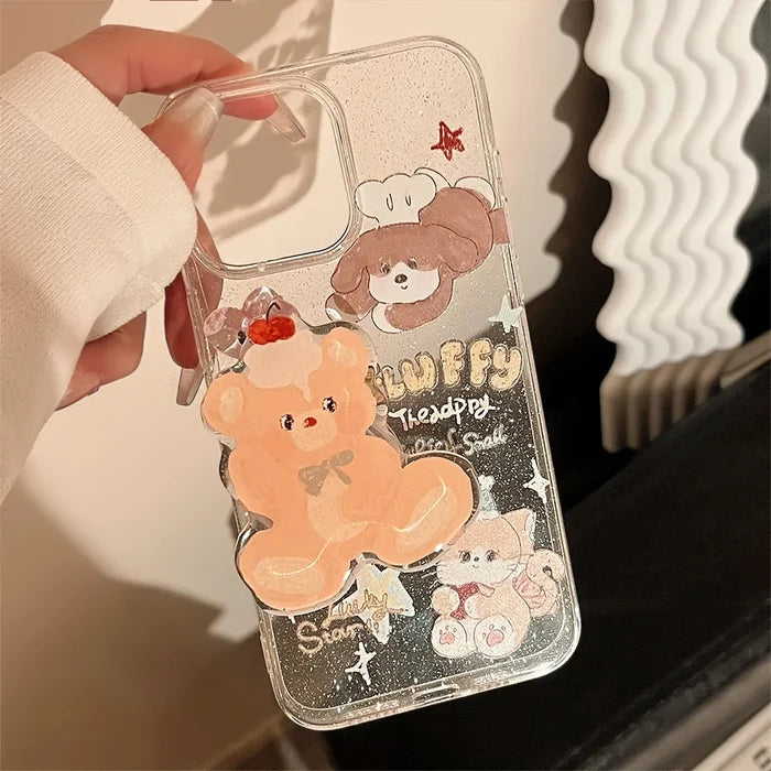Korean Cute Cartoon Animals Bear Bracket Phone Case For iPhone PhoneShells