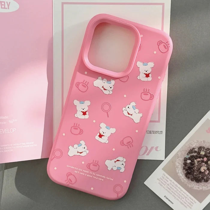 Korean Cute Cartoon Reading Puppy Pink Silicone Soft Phone Case For iPhone PhoneShells