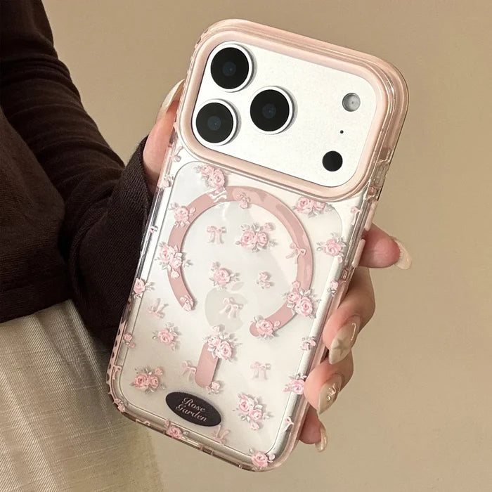 Korean Full Screen Pink Rose Flowers Magnetic Phone Case For iPhone PhoneShells