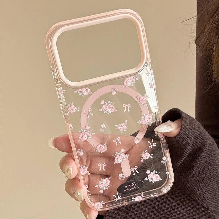 Korean Full Screen Pink Rose Flowers Magnetic Phone Case For iPhone PhoneShells
