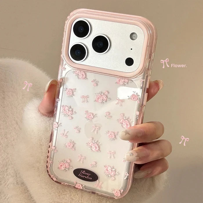 Korean Full Screen Pink Rose Flowers Magnetic Phone Case For iPhone PhoneShells
