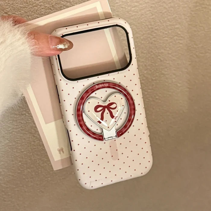 Korean Full Screen Polka Dot Fold Love Heart Magnetic Holder Phone Case For iPhone PhoneShells