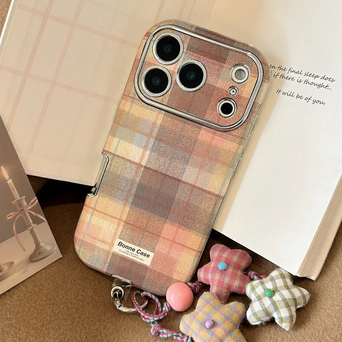 Korean Grid Pattern Cloth Texture Plating Phone Case With Stars Strap For iPhone PhoneShells