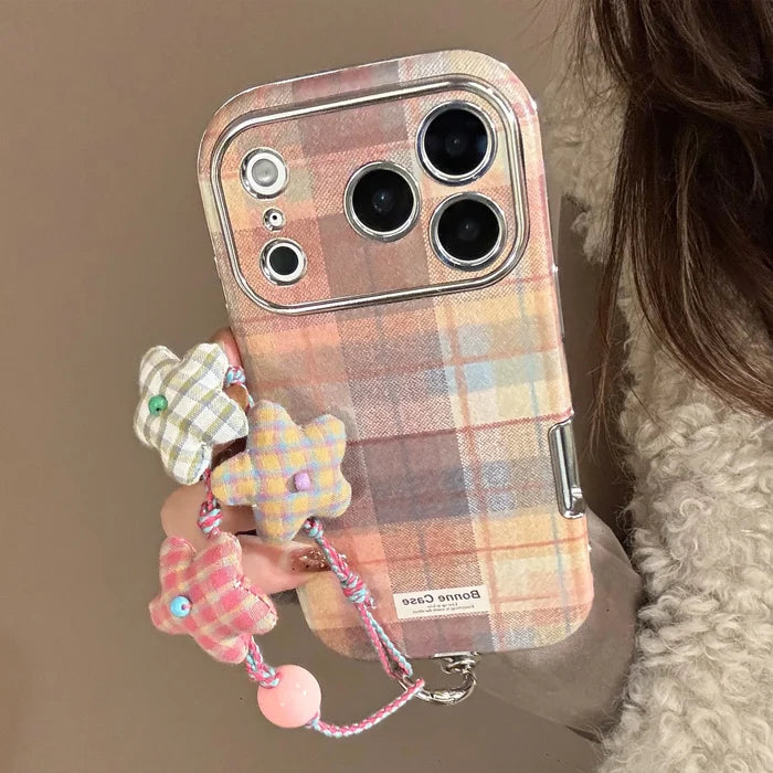 Korean Grid Pattern Cloth Texture Plating Phone Case With Stars Strap For iPhone PhoneShells