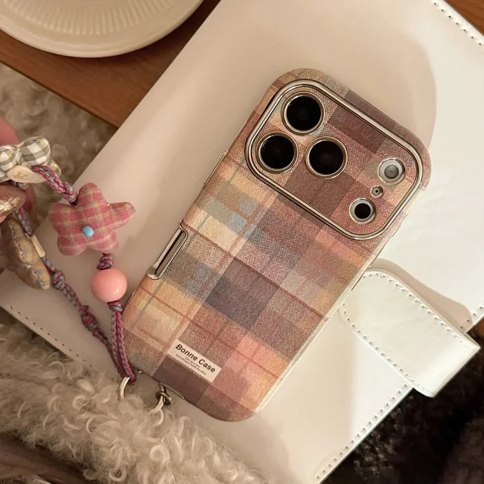 Korean Grid Pattern Cloth Texture Plating Phone Case With Stars Strap For iPhone PhoneShells