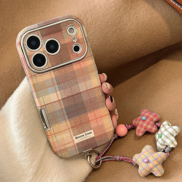 Korean Grid Pattern Cloth Texture Plating Phone Case With Stars Strap For iPhone PhoneShells