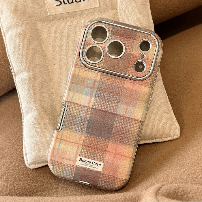 Korean Grid Pattern Cloth Texture Plating Phone Case With Stars Strap For iPhone PhoneShells