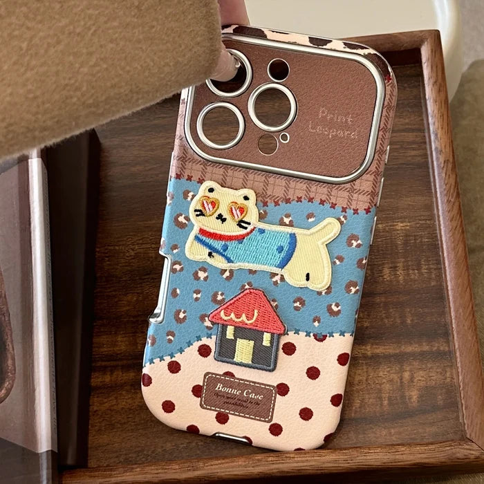 Korean Leopard Print 3D Cartoon Kitten House Leather Texture Phone Case For iPhone PhoneShells