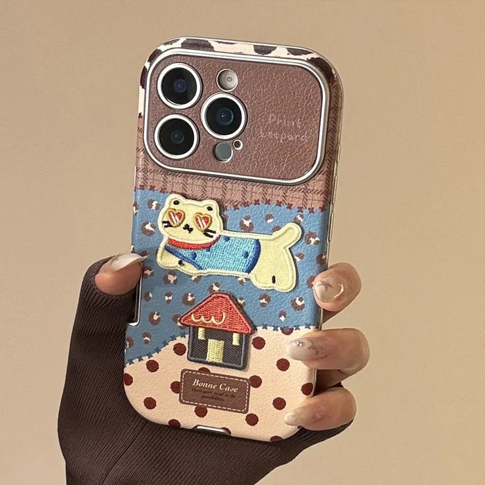 Korean Leopard Print 3D Cartoon Kitten House Leather Texture Phone Case For iPhone PhoneShells