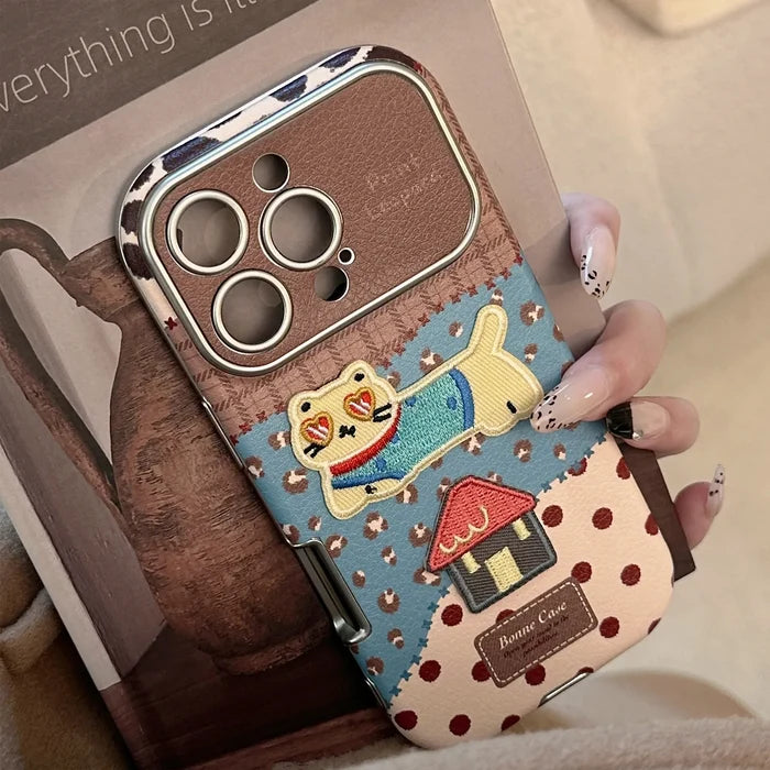 Korean Leopard Print 3D Cartoon Kitten House Leather Texture Phone Case For iPhone PhoneShells