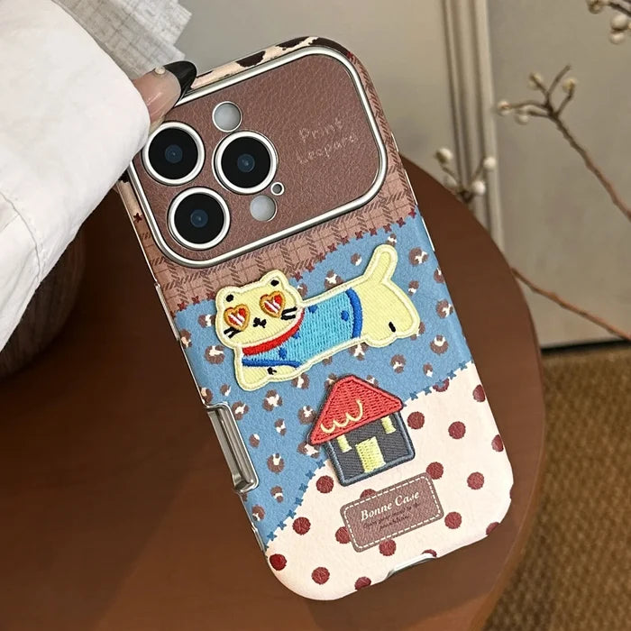 Korean Leopard Print 3D Cartoon Kitten House Leather Texture Phone Case For iPhone PhoneShells