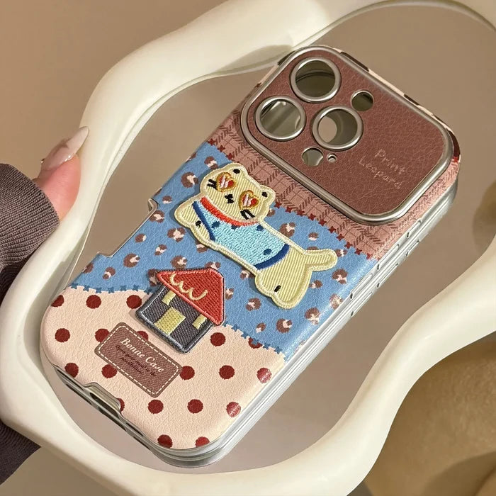 Korean Leopard Print 3D Cartoon Kitten House Leather Texture Phone Case For iPhone PhoneShells