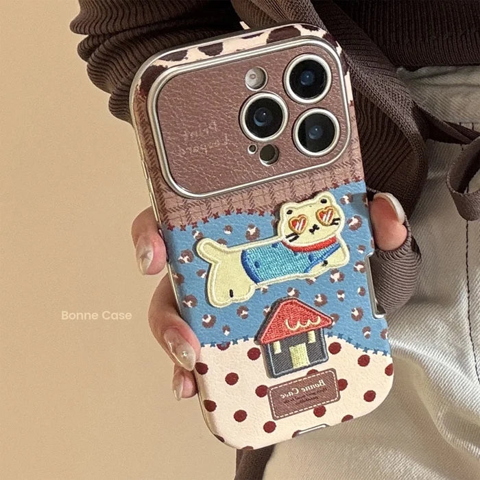 Korean Leopard Print 3D Cartoon Kitten House Leather Texture Phone Case For iPhone PhoneShells