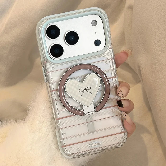 Korean Striped Stars Fold Love Heart Bow Bracket Magnetic Phone Case For iPhone PhoneShells