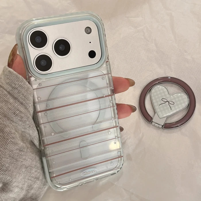 Korean Striped Stars Fold Love Heart Bow Bracket Magnetic Phone Case For iPhone PhoneShells