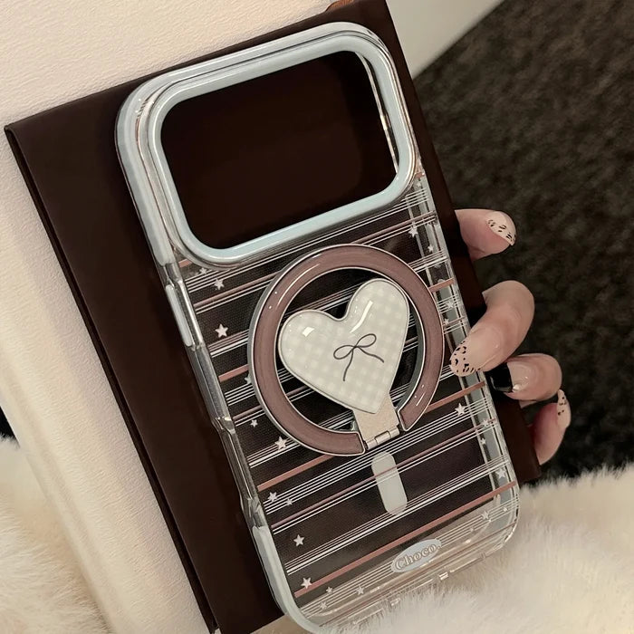 Korean Striped Stars Fold Love Heart Bow Bracket Magnetic Phone Case For iPhone PhoneShells