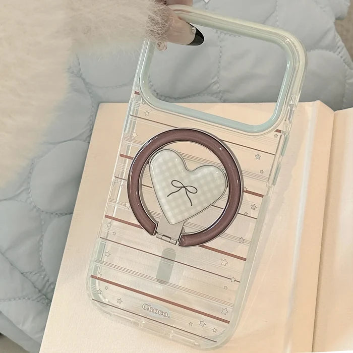 Korean Striped Stars Fold Love Heart Bow Bracket Magnetic Phone Case For iPhone PhoneShells