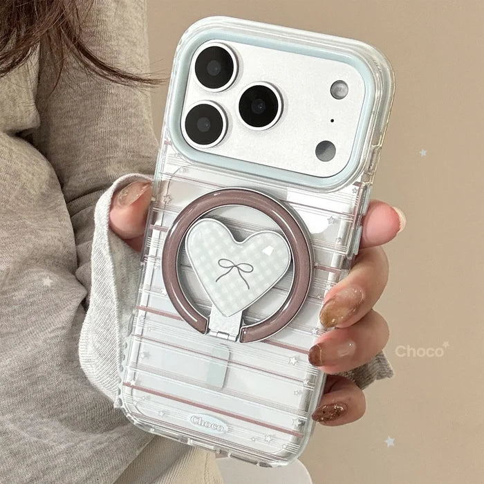 Korean Striped Stars Fold Love Heart Bow Bracket Magnetic Phone Case For iPhone PhoneShells