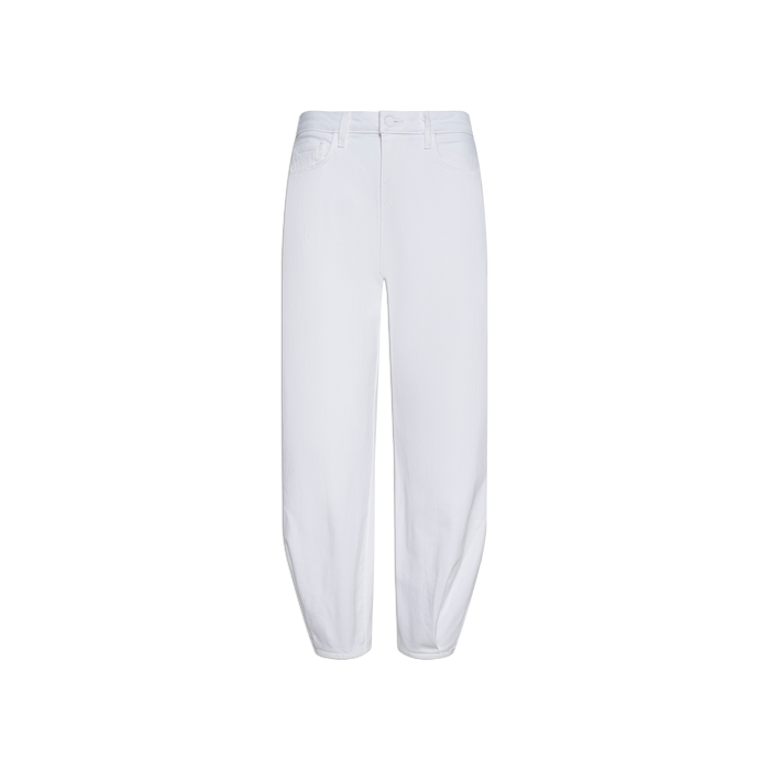 The Krista Tapered Jean is crafted from white stretch denim and features a high-rise, tapered leg silhouette with front button and zipper closure, as well as classic five-pocket styling, displayed against a plain white background.