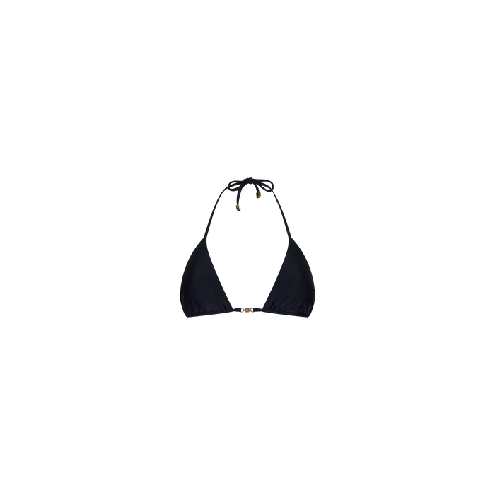 The Kristin Triangle Bikini Top features a black design with adjustable halter neck ties, a small gold clasp at the front, and is crafted from four-way stretch nylon. Shown against a plain white background.