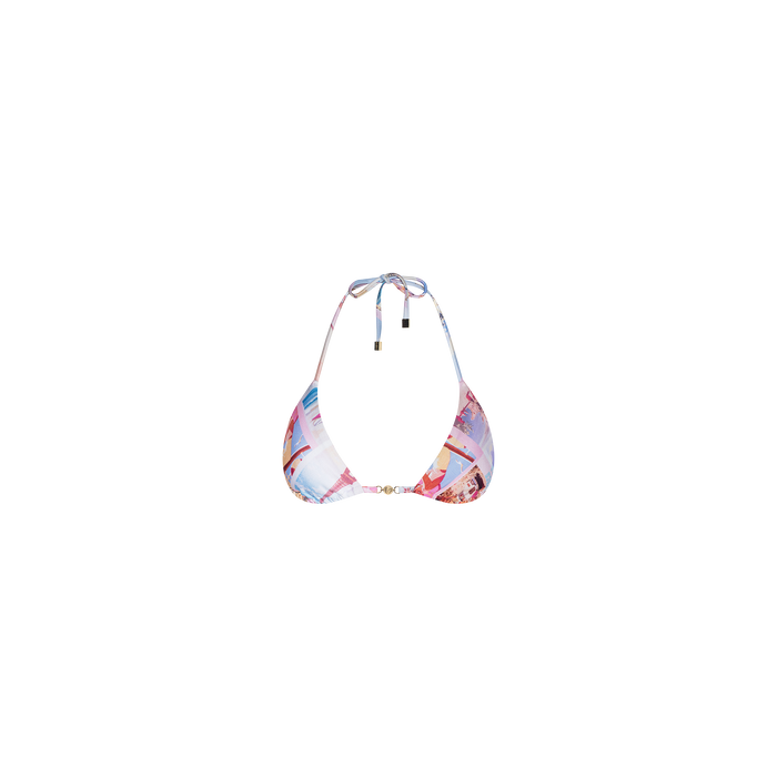 The Kristin Triangle Bikini Top is a vibrant postcard print bikini top with adjustable coverage, featuring a tie-neck and back clasp closure, shown against a plain white background.