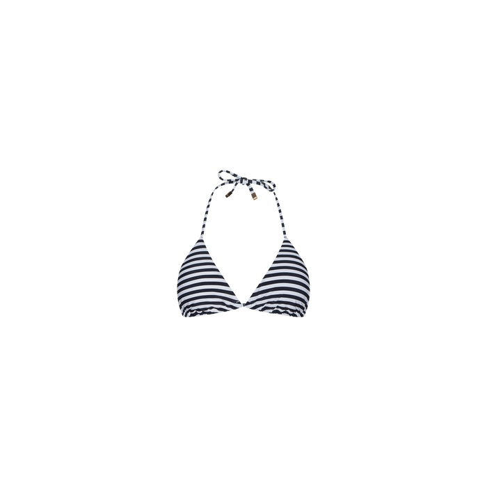 Kristin Triangle Bikini Top in black and white stripes, featuring triangle cups and a halter neck tie inspired by classic French Riviera swimwear. This adjustable bikini top is shown on a plain white background.