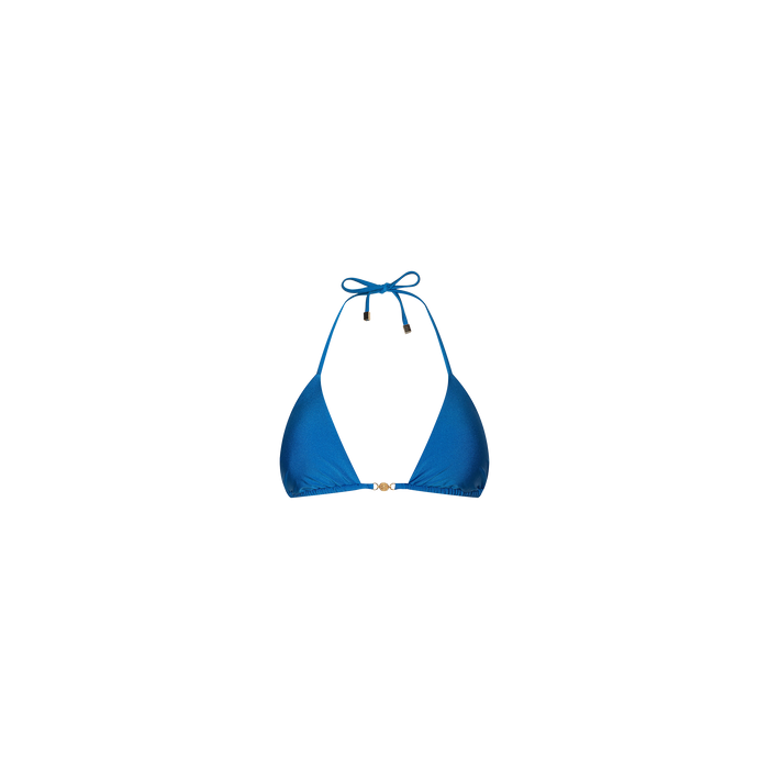 Kristin Triangle Bikini Top in Capri blue featuring a halter neck and adjustable ties, displayed against a plain white background.