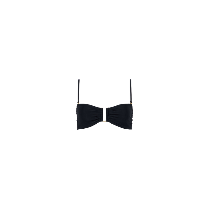 Krysta Bandeau Top featuring a black, minimal and modern design with thin adjustable and removable straps, displayed on a plain white background. The fabric is gathered at the center for a ruched effect.