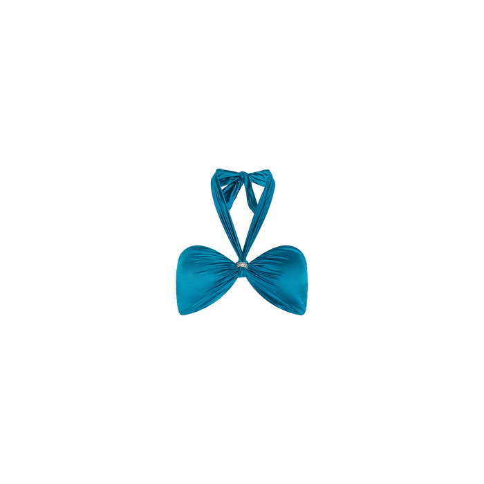 The Krysta Halter Bikini Top in teal features a bow tie at the neck and a ruched design at the cups, shown against a plain white background.
