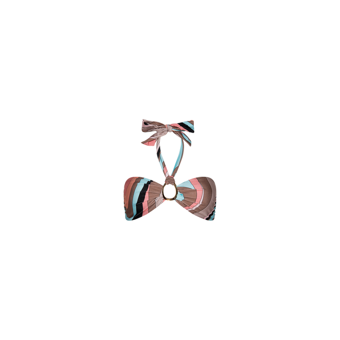 The Krysta Halter Bikini Top is a multicolored, striped halter bikini top featuring a central ring detail and an eye-catching abstract swirl print, displayed on a plain white background.