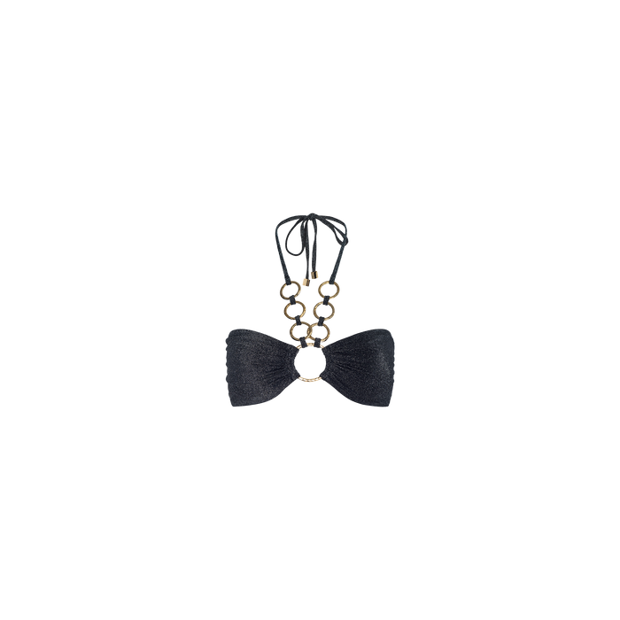 The Krysta Halter Bikini Top is a metallic black bikini top with gathered cups and gold ring details connecting the cups and straps. It features a halter silhouette, ties at the neck, and is showcased on a plain white background.