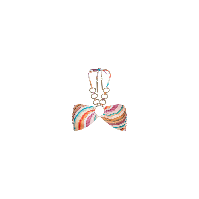 The Krysta Halter Bikini Top features multicolored stripes, a central cutout with gold ring accents, and a halter neck tie—delivering a chic retro-inspired look—shown against a plain white background.