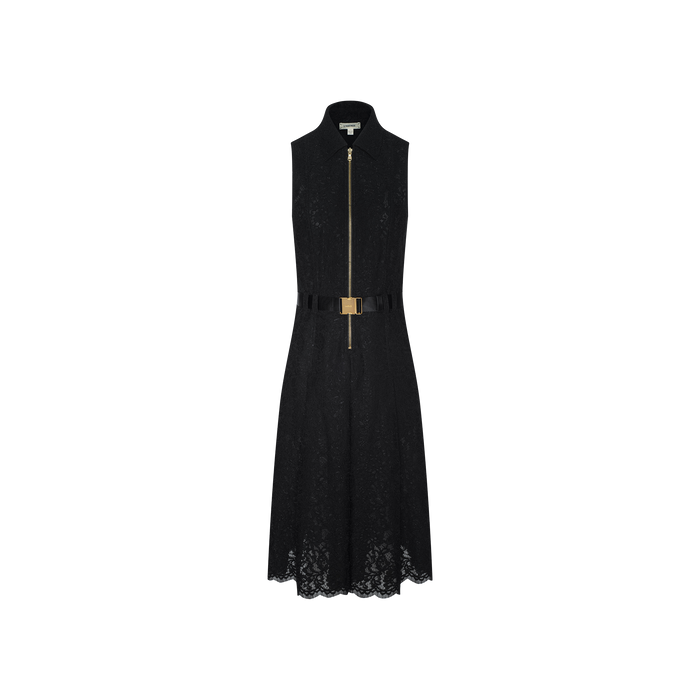 The Kylo Lace Shirt Dress is a sleeveless black floral lace dress featuring a knee-length hem, gold front zipper, and a matching belt with a gold buckle—crafted as the perfect desk-to-drinks outfit and displayed on a plain white background.