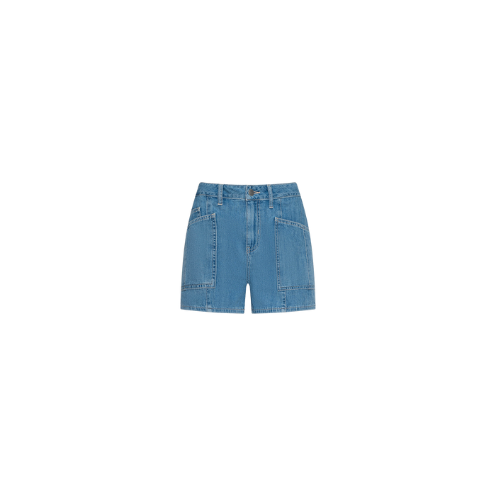 The Kyra Jean Short is a high-rise blue denim short made from lightweight denim, featuring front pockets and belt loops, displayed on a plain white background.